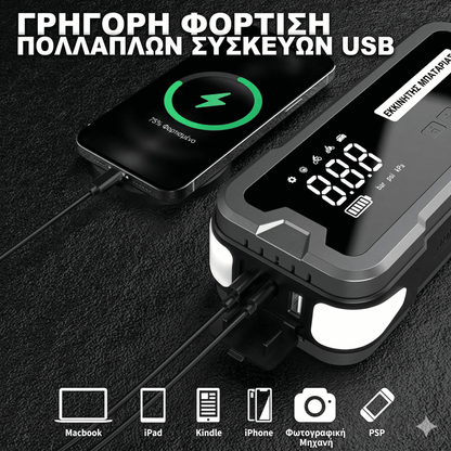 4-in-1 Jump Starter with Air Pump, Power Bank & Flashlight