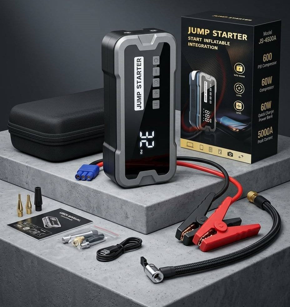 4-in-1 Jump Starter with Air Pump, Power Bank & Flashlight