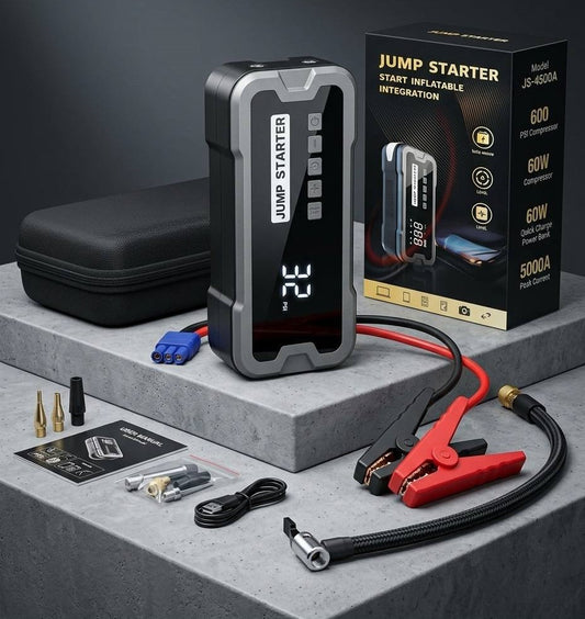 4-in-1 Jump Starter with Air Pump, Power Bank & Flashlight